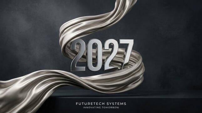 Futuristic 2027 concept silver ribbon swirls around bold year numbers for technology and innovation themes