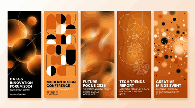 Five modern event posters featuring abstract designs for technology and creative conferences 2024 2025 with showcases five vertically aligned