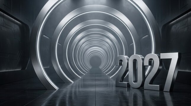 Futuristic tunnel leading to 2027 silver metallic interior with glowing light rings and bold typography