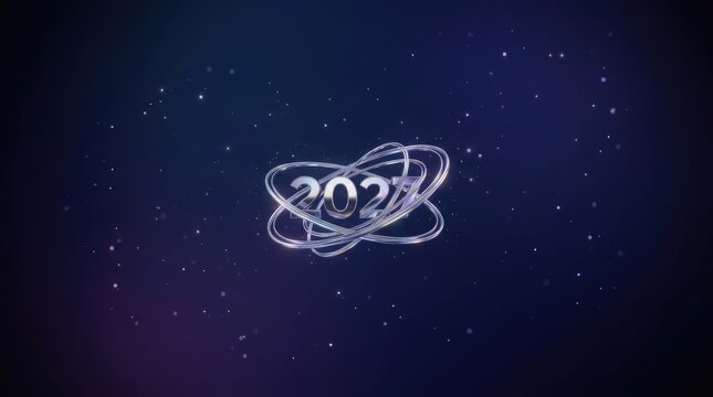 2027 new year glowing neon number with swirling lines on dark blue starry background