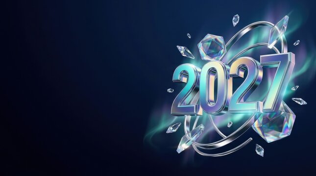Elegant 2027 new year celebration graphic with crystal elements and dynamic light effects