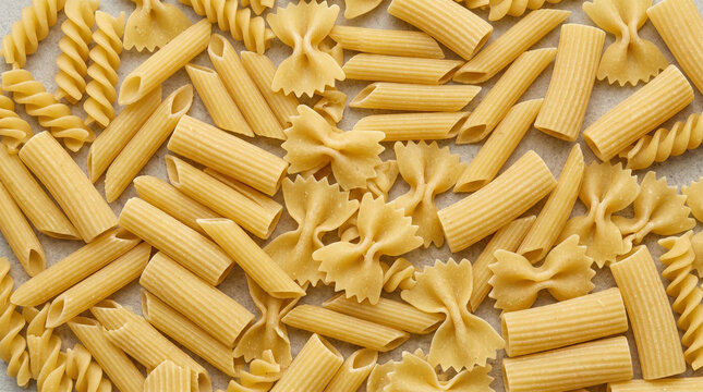 Assorted types of uncooked Italian pasta scattered evenly across a flat surface