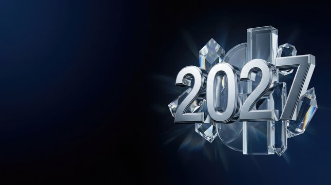 Futuristic 2027 new year concept crystal numbers with radiant light for digital marketing