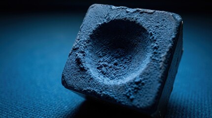 Fototapeta premium Billiard chalk cube macro shot, brick with dark spots against blue fabric