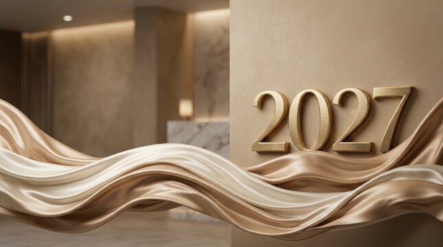 Elegant 2027 new year celebration background with gold accents and silk waves