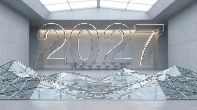 Futuristic 2027 vision shiny metallic numbers in modern architectural space with geometric glass structures