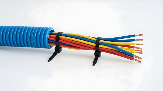 Blue corrugated conduit pipe with colorful electrical cables and zip ties.
