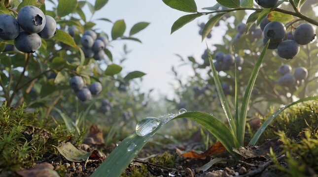 Fresh ripe blueberries growing on bushes in a misty field with morning dew