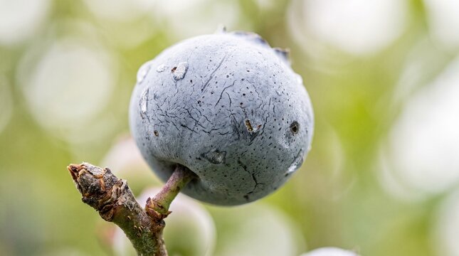Macro Close-up View of a Single Ripe Blue Sloe Berry Growing on a Wild Blackthorn Bush Branch