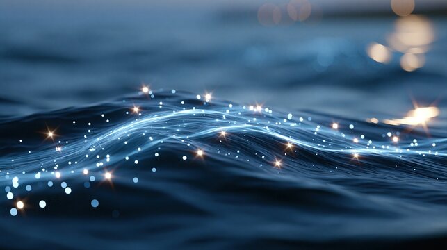 Abstract glowing wave with light particles and bokeh effect on dark blue water surface