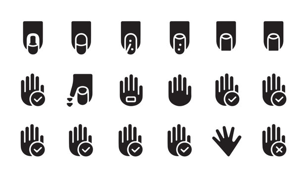 Collection of nail care and hand hygiene icons showing healthy and damaged fingernails set.
