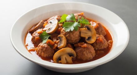 Fototapeta premium A bowl of savory meatballs in tomato sauce with mushrooms and fresh parsley