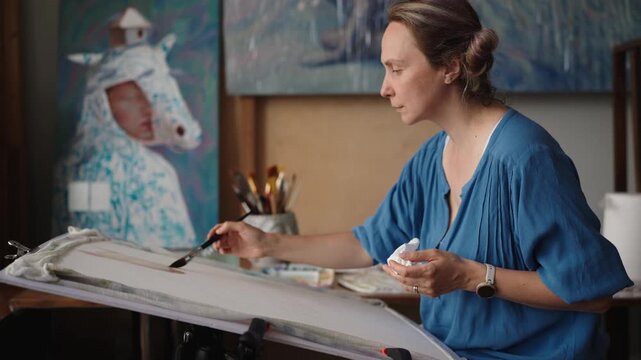 Profile view of a talented woman artist concentrating on her artwork, using a brush to apply watercolor paint to a canvas in her creative studio, then removing excess with a cloth