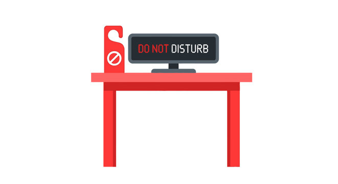 "Do Not Disturb" sign on computer screen and red door hanger on office desk, flat vector illustration of remote work privacy and productivity concept