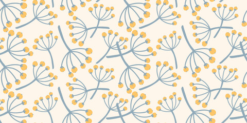 Minimalist, seamless pattern with gray-blue wild berry branches with orange berries on cream background. This botanical print is perfect for textiles, wrapping paper, and fall-themed designs. © Alena