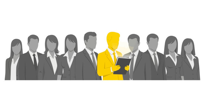 Leadership Concept: Unique Businessman in Yellow Standing Out from Grey Crowd Holding Glowing Book for Knowledge and Success