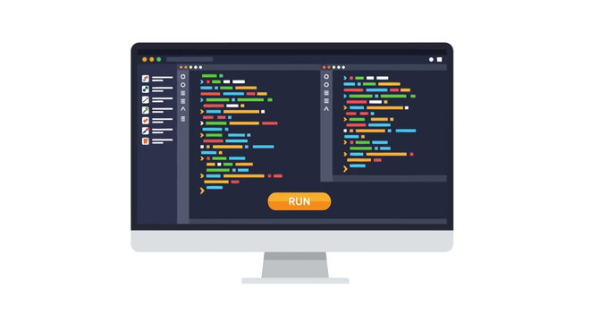 Modern flat illustration of a code editor interface on a computer monitor with colorful syntax-highlighted programming language and a run button on white background