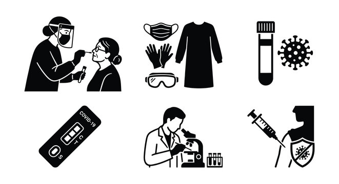 Covid 19 Testing Silhouette Vector Set On White Background