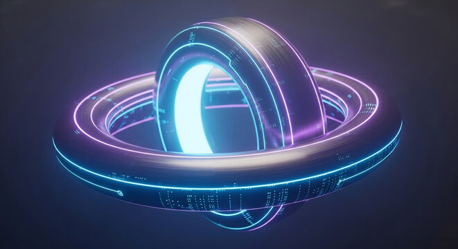 Abstract 3D render of two interlocked toroidal structures with glowing