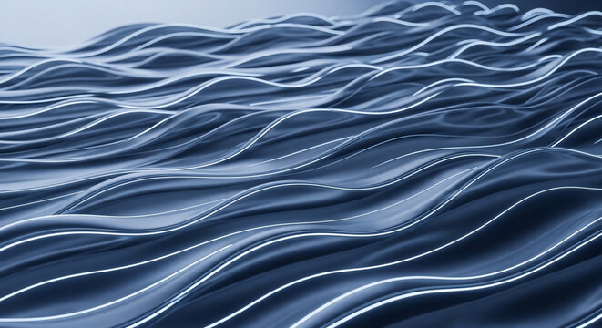 Abstract 3D rendered waves of dark blue metallic ribbons with glowing 