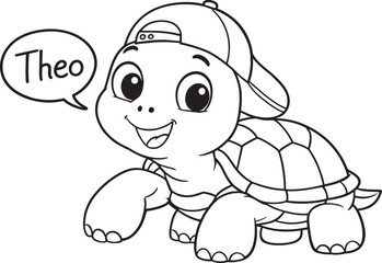 Fototapeta premium Cute Cartoon Turtle Wearing Baseball Cap Line Art, Happy Tortoise Character Outline Vector