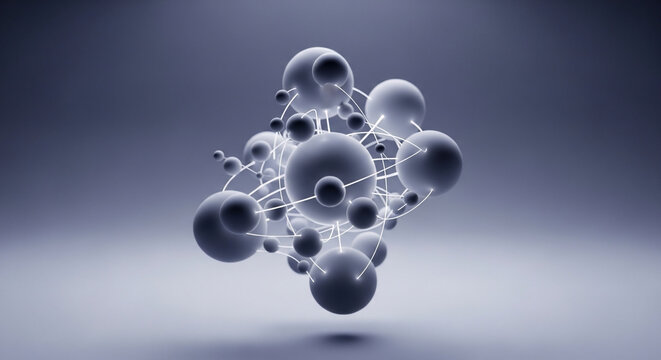Abstract cluster of varied blue-grey spheres linked by bright glowing 