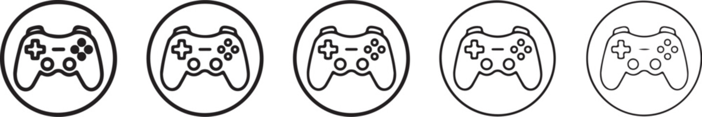 Game controller icons black line art on a white background five variations displayed gamepad joystick © Abdus