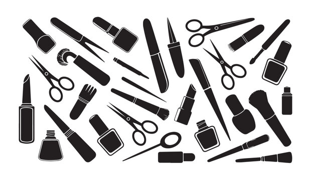 Cosmetic and manicure icons pattern with nail polish lipstick brushes scissors and files.
