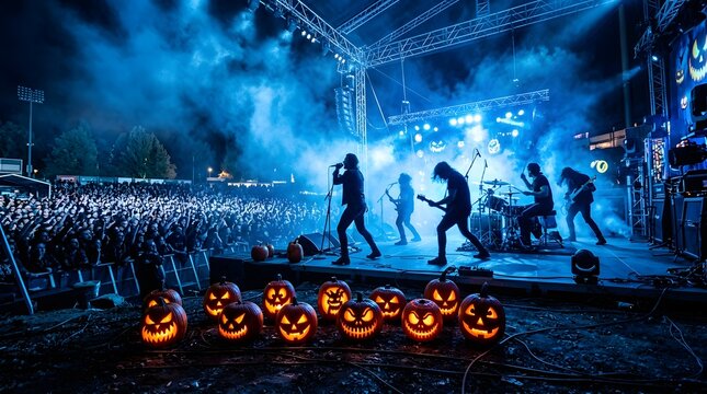 Rock band performing on stage at a halloween music festival with carved pumpkins in the foreground