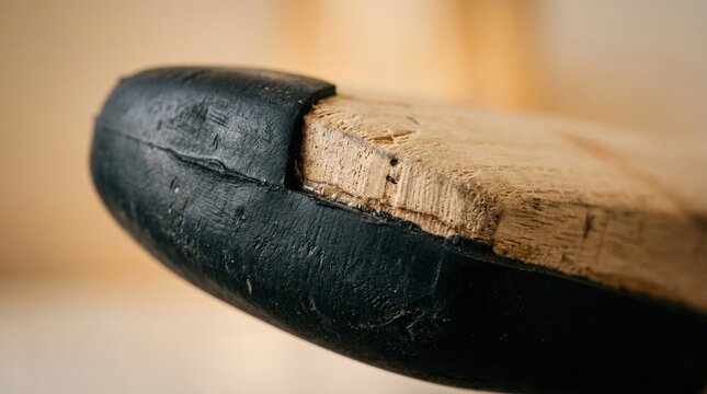 Cricket bat rubber toe guard, oval object on table, carved wood grain pattern, black top edge
