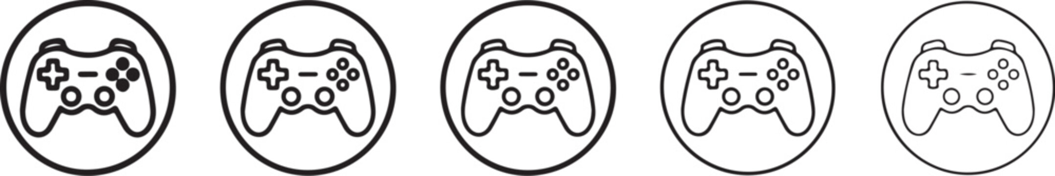 Game controller icons black line art on a white background five variations displayed gamepad joystick