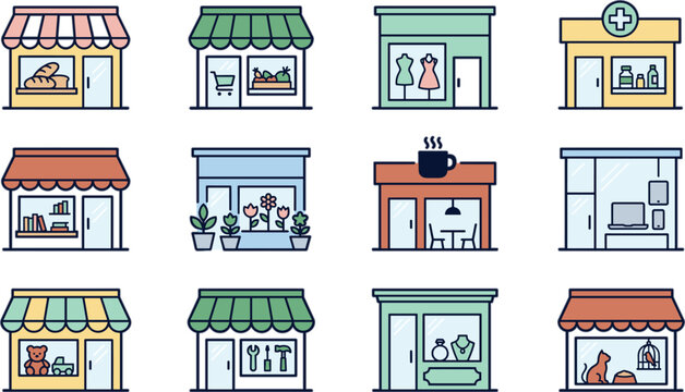 Store storefront retail shop facade vector icon set featuring bakery grocery pharmacy bookstore flower coffee jewelry pet boutique.