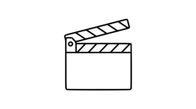 A clean black and white line art vector icon of a classic film clapperboard, ideal for video production companies, streaming service menus, film festival promotions, or media player controls.