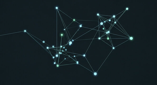 Abstract digital network featuring luminous blue and green nodes inter
