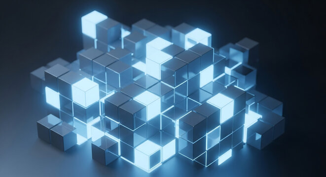 Abstract formation of metallic grey and luminous blue cubes arranged d