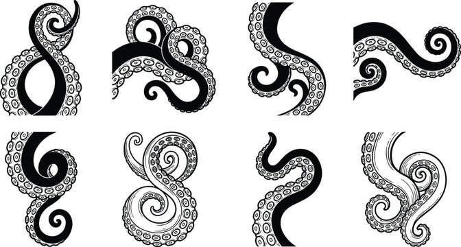 Kraken octopus tentacles hand drawn sketch vector illustration set with monochrome nautical ocean monster suckers decorative curling elements.
