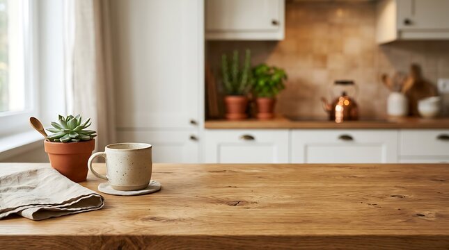 Cozy Rustic Kitchen Countertop with Morning Coffee Mug and Potted Succulent Plant for Home Interior Presentation