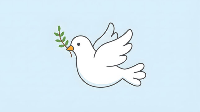 Friendly white dove carrying an olive branch, symbolizing peace, freedom, hope, unity, and goodwill.