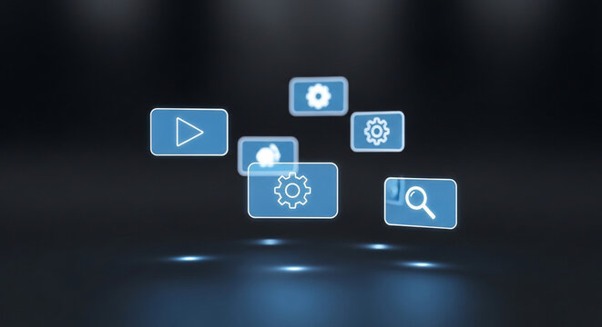 Array of luminous blue transparent user interface icons featuring play