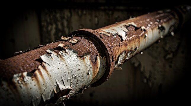 A close-up of a heavily rusted and peeling metal pipe showcasing decay and corrosion in low light.