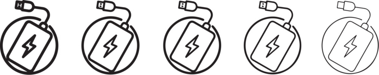 Battery charging icons with various connector types black line art on white background icon power © Abdus