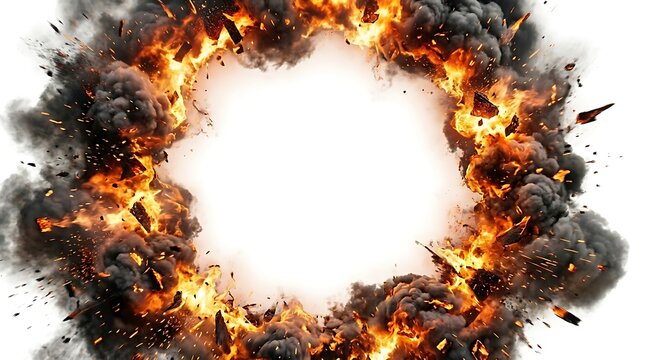 Realistic circular fire explosion ring with thick black smoke and flying debris isolated on white background for creative design frame