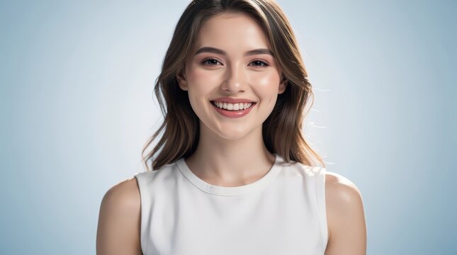 A young woman with long hair smiles brightly, wearing a white sleeveless top against a soft blue-gray background.