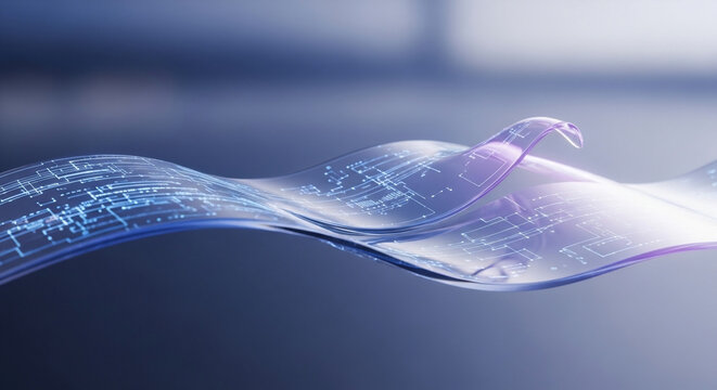 Dynamic translucent ribbon with glowing blue and violet digital circui