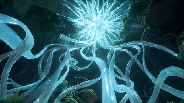 Magnificent Hyperrealistic Alien Ecosystem with Glowing Tentacles and Bioluminescent Flora in a Dark Forest