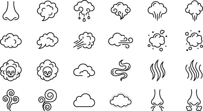 Bad smell and toxic gas line icon set with nose smelling stench cloud toxic smoke skull and steam vapor vectors.