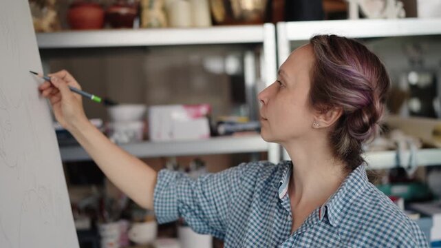 Creative female artist drawing a preliminary sketch of a woman holding a cat with a pencil directly on a wall, starting the process of creating a large-scale mural for home decoration.