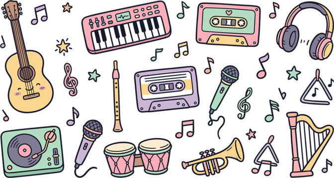 Musical instruments vector icon set featuring guitar keyboard cassette headphones turntable microphone drums trumpet harp and notes.