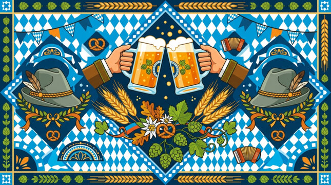 Vibrant beer festival, bandana design, harvest celebration, blue and orange pattern