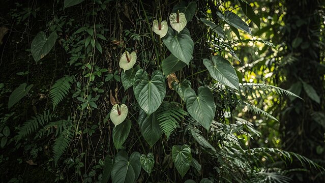 White anthuriums grow on a mossy tree trunk amidst lush tropical rainforest foliage and green leaves